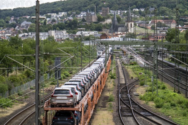 Upper Middle Rhine Valley, goods train, car transporter at Bingen station, waiting for permission