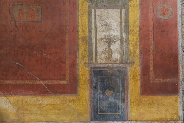 Close-up of reddish brown, blue and white frescoes on yellow wall of old residential building at
