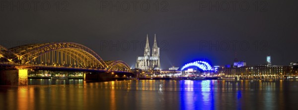 Hohenzollern Bridge with Cathedral and Musical Dome, Rhine embankment, Cologne, Rhineland, North