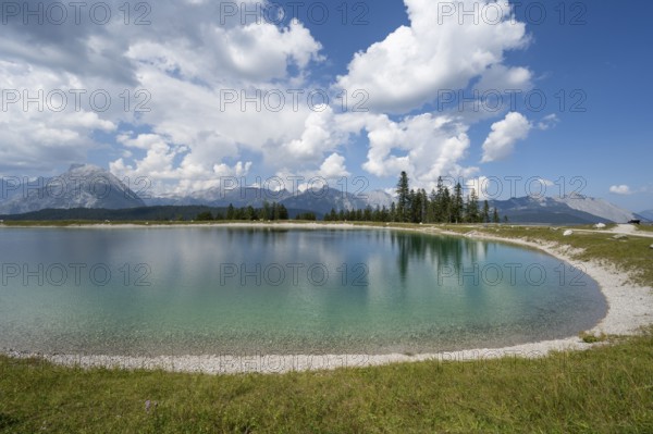 Reservoir at Gschwandtkopf, Karwendel Mountains, behind Wetterstein range, Alps, Seefeld, Tyrol,