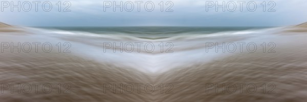 Mirrored picture, blurred, waves on Sylt North Sea beach, National Park Wadden Sea, Sylt, Hoernum,