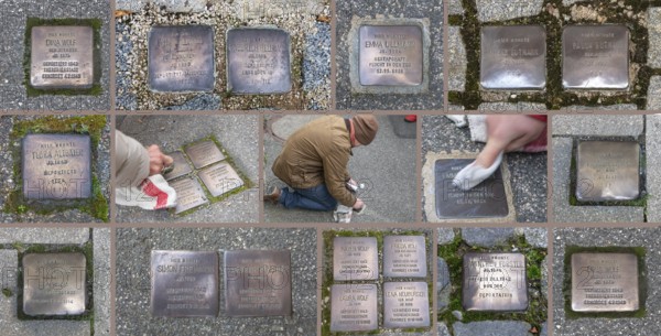 Polishing and cleaning Stumbling Stones to commemorate the Night of Broken Glass on 9 November