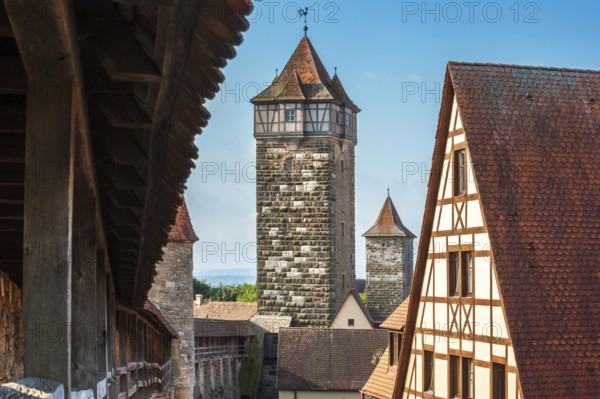 Walkway of the town wall with watchtowers in the historic old town, Rothenburg ob der Tauber,