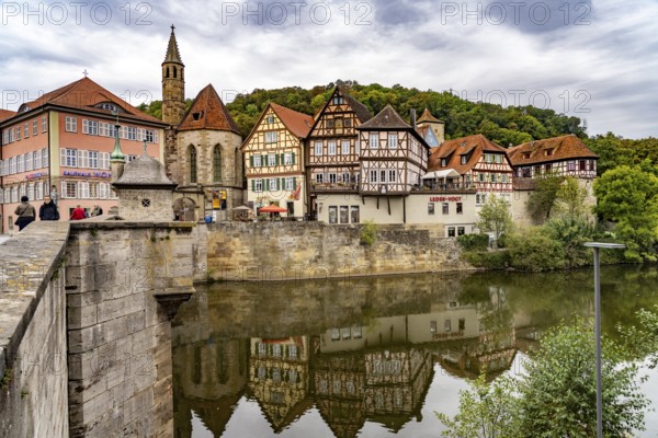 Half-timbered houses on the Kocher and St John's Church in Heimbach, Schwäbisch Hall,
