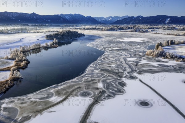 Aerial view of ice formations on a frozen lake, winter, Riegsee, Alpine foothills, Upper Bavaria,
