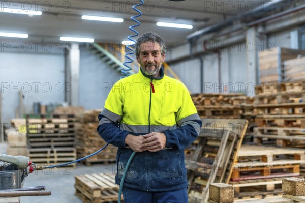 Portrait of a mature man manual worker with reflective clothes in a recycling plant full of pallets
