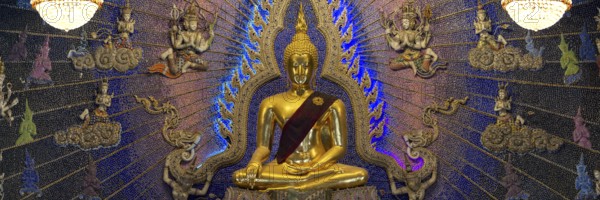 Golden Buddha statue with tunic, Bhumispara-mudra, Buddha Gautama at the moment of enlightenment,