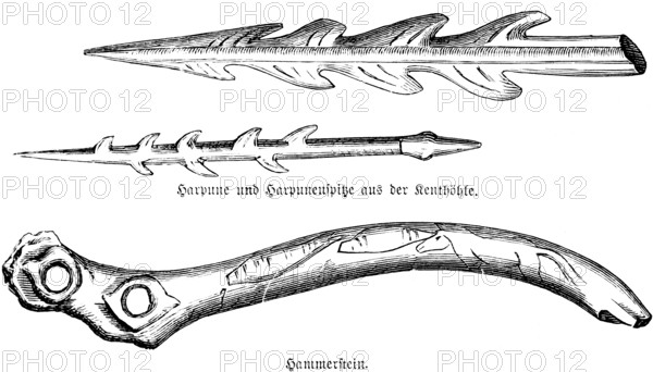Objects from the prehistoric Kent's Cavern, the Kent Caves in Torquay, County Devon, two barbed