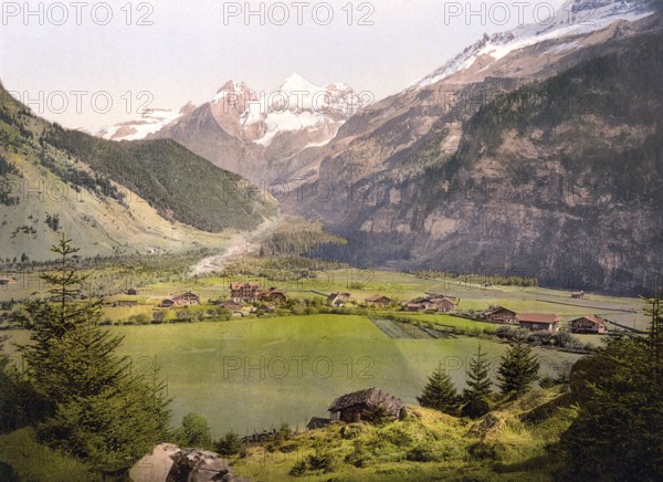 Kandersteg village and Blümlisalp mountain group, Bernese Oberland, Switzerland, Historic,