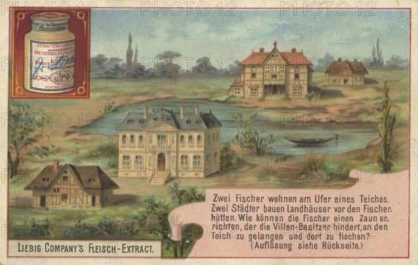 Picture series puzzle, two fishermen live on the shore of a pond, two townspeople build houses in