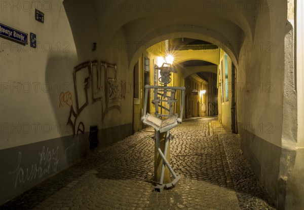 Passageway from Brüderstraße into Schwarze Straße with abstract figure of a reader at night,