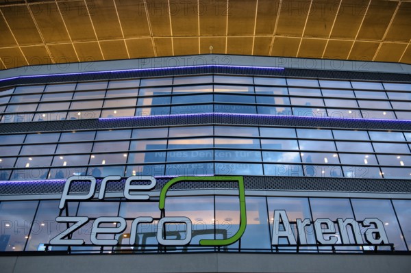 Exterior view, glass façade, logo, Europa League, PreZero Arena, Sinsheim, Baden-Württemberg,
