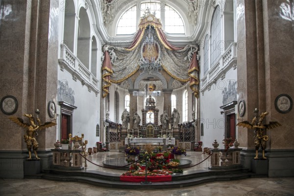 Church, baroque basilica of St. Mang, interior view, altar table, Füssen, Ostallgäu, Bavaria
