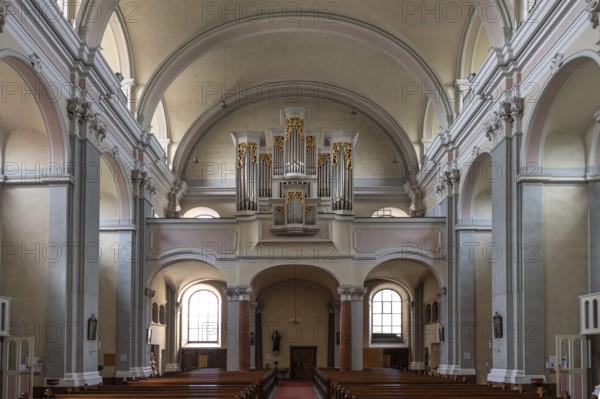 Interior with organ loft of the parish church, founded in 1307, baroqueised in the 18th century,