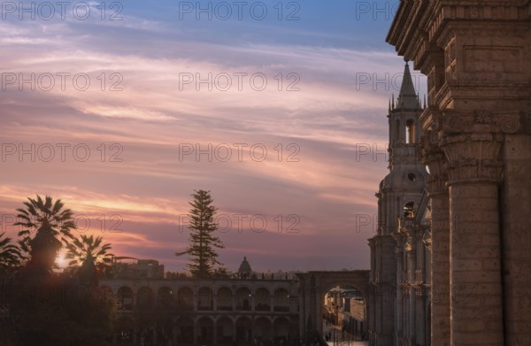 Peru, Arequipa. Basilica Cathedral of Arequipa on central Plaza De Armas in historic center., South