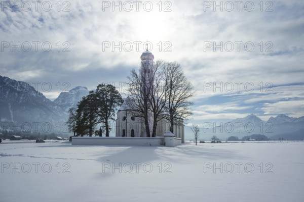 Pilgrimage Church of St Coloman, Snow, Schwangau, Allgaeu, Bavarian Swabia, Bavaria, Germany,