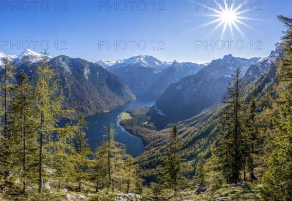 Panoramic view of the Königssee from the Archenkanzel viewpoint, autumnal forest and snow-capped
