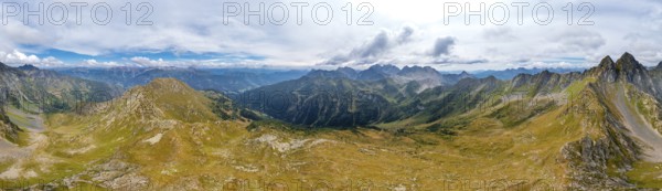 Aerial view, Alpine panorama, mountain ridge, idyllic mountain landscape with green mountain