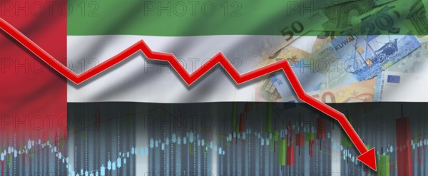 Kuwait financial crisis on economic graph, economic collapse. Financial fall of Kuwait economy on