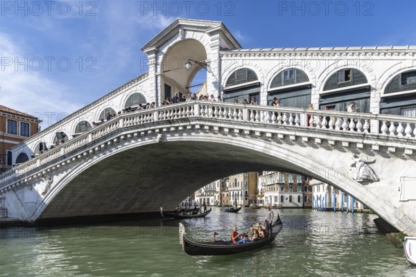 Venetian gondola with gondolier travelling on the Grand Canal, Rialto Bridge, Venice, Venice,