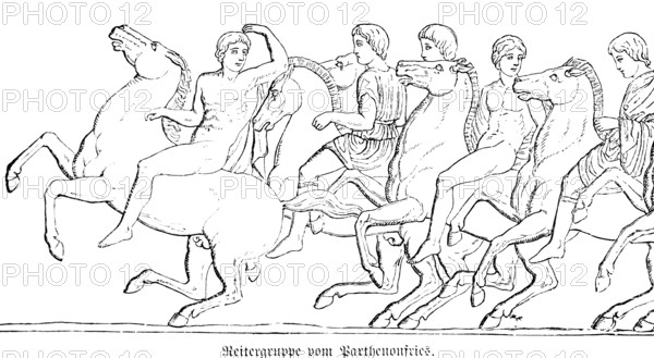 Equestrian group ofParthenon frieze, temple complex, Greeks in antiquity, historical illustration