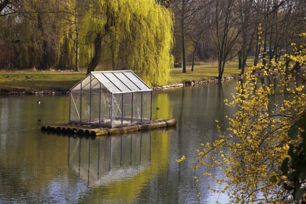 The River Lippe at Laumannshügel with the artwork Arche by Christoph Hildebrand, Lippstadt, North