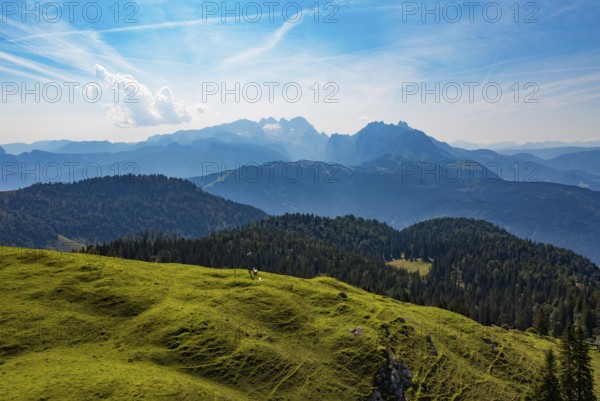 Drone shot, At the summit of the Taborberg with a view of the Dachstein massif, Osterhorn group,