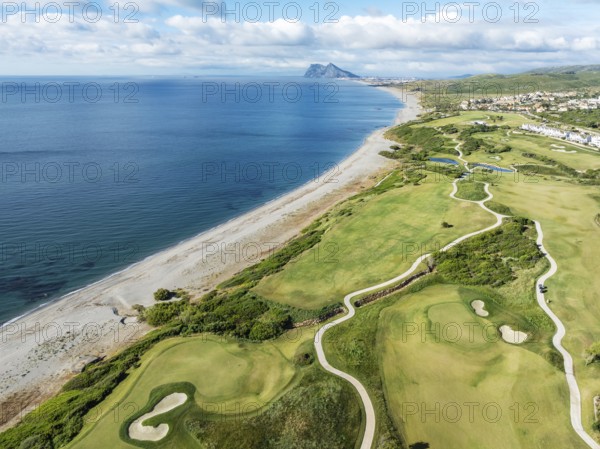 The La Hacienda Links Golf Resort at the Mediterranean Sea with the Rock of Gibraltar (British) in