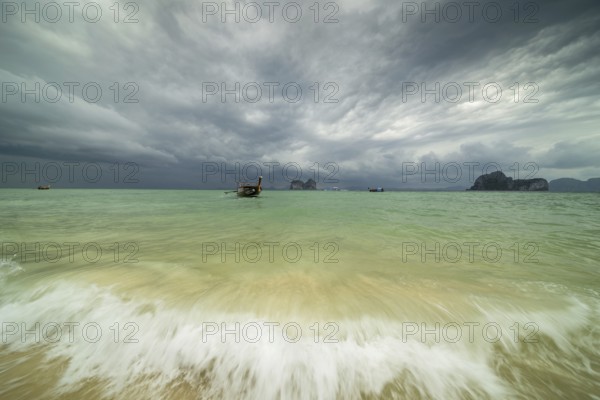 Longtail boat on the beach, Koh Ngai Island, Andaman Sea, Satun Province, Southern Thailand,