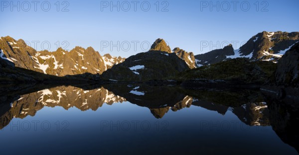 Rocky mountain peaks reflected in a small pond, mountain landscape with alpenglow at sunrise, at