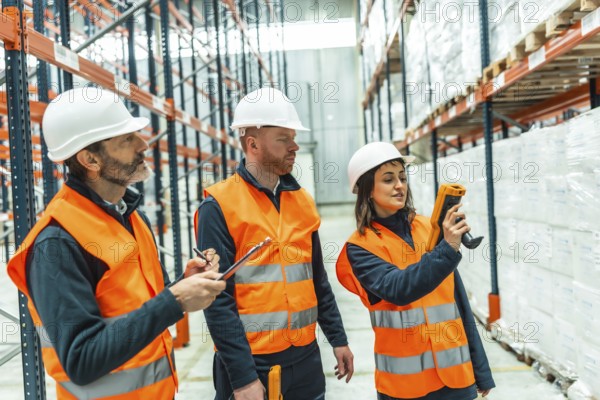 Warehouse workers utilizing barcode scanners and diligently taking notes during logistics