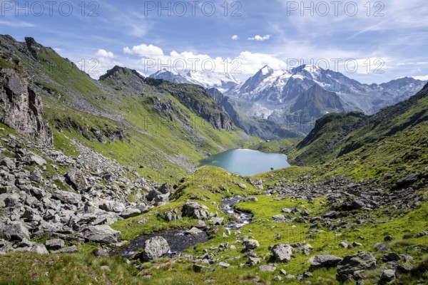Mountain stream and mountain lake Lac de Louvie with glaciated summit of the Grand Combin, Val de