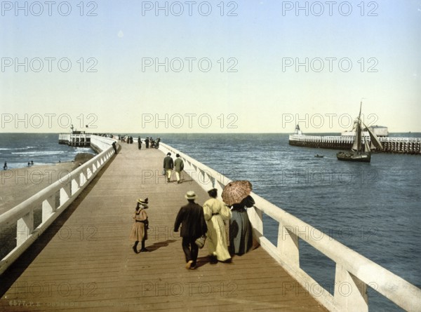 Harbour entrance in Ostend, Belgium, ca 1895, Historical, digitally restored reproduction from a