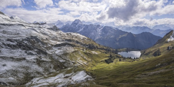 Panorama from Zeigersattel to Seealpsee, in the back left the Hoefats 2259m, Allgaeuer Alps,