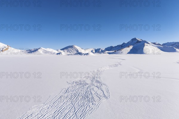 Winter landscape of the Pamir plateau, animal tracks, Jarty Gumbez, Gorno-Badakhshan province,