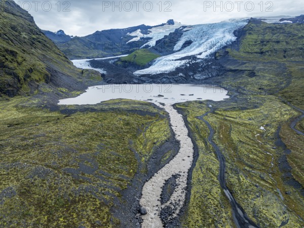 Aerial view of glacier Falljökull, a glacier tongue of Vatnajökull glacier, glacial lake, Iceland,