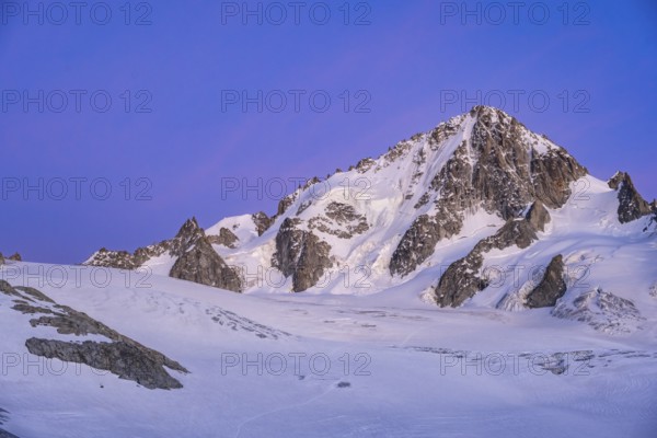 High alpine mountain landscape at sunset, Glacier du Tour, glacier and mountain peak, summit of the