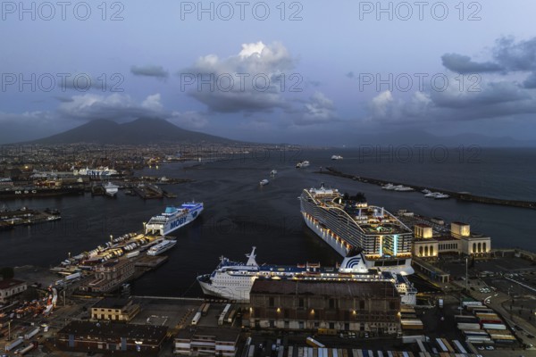 Naples Ferry Terminal at night from a drone, Molo Immacolatella Vecchia, Naples, Campania, Italy,