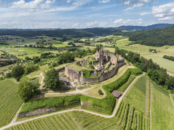 Aerial view of the ruins of Hochburg Castle, also known as Hachberg, 11th century, between