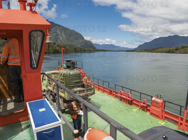 On ferry crossing the river Rio Palena, connecting the road to Puerto Raul Marin Balmaceda,