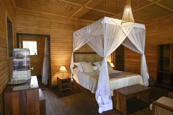 Chalet at Doli Lodge, interior view, Bayanga, Sangha-Mbaéré Prefecture, Central African Republic,