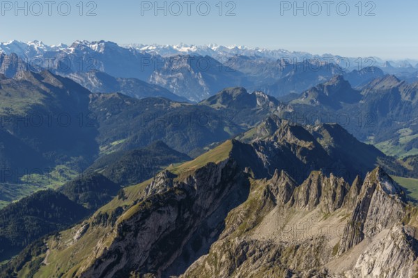 View from the alpine peak Säntis to the Appenzell Alps, 2505m altitude, Schwägalp, snow-covered