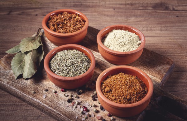 Georgian spices, in ceramic bowls, assortment, set of spices, utsho, adjika, Svan salt, ground