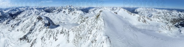 Cevedale summit, Alpine panorama, Aerial view, Snow-covered mountain landscape, Ortler group,