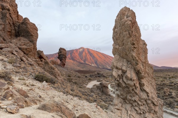 Panorama at sunrise on the Roque Chinchado, also known as the Stone Tree or Finger of God, landmark