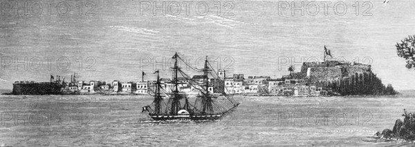 View of the Antlantic island Île de Gorée or Goree off Dakar with European fortress, centre of