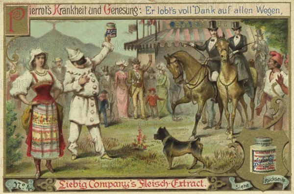 Series Healing of Pierrot by Liebig Meat Extract, Pierrot's illness and recovery, he praises it as