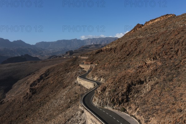 Drone shot, mountain road at the Degollade de las Yeguas viewpoint, Gran Canaria, Canary Islands,