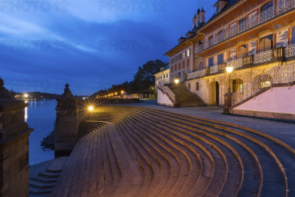 Staircase to the Elbe at the Water Palace of Pillnitz Castle at dusk, Dresden, Saxony, Germany,