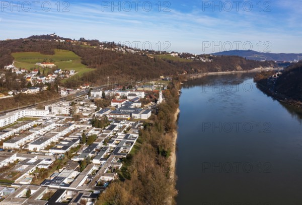 Drone image, housing estate, apartment blocks and high-rise estate, Puchenau, Linz Land district,